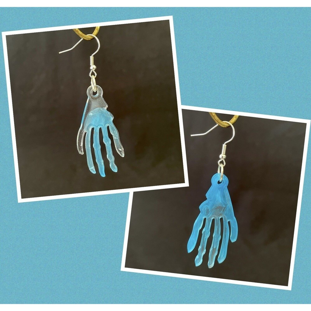 Blue & Clear Resin Halloweens Skeleton Hand Earrings Hand Crafted